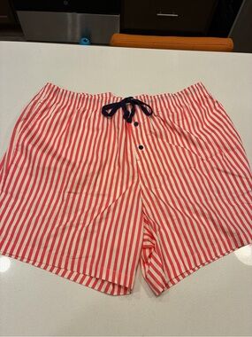 Psycho Bunny Red & White Striped Swim Trunks